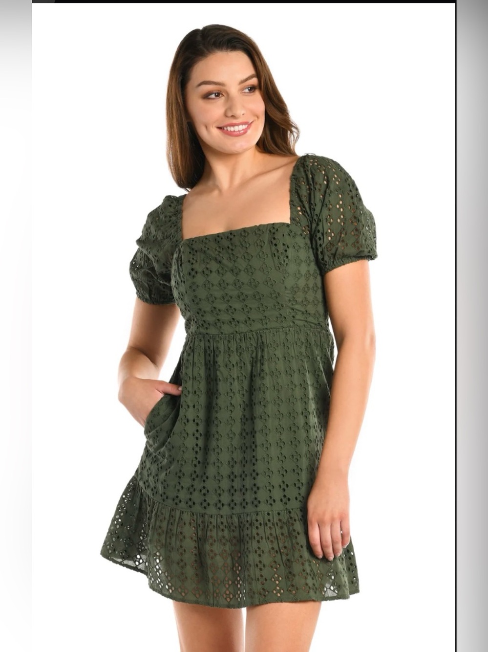 La Blanca Resortwear Olive Eyelet Square-Neck Mini Dress